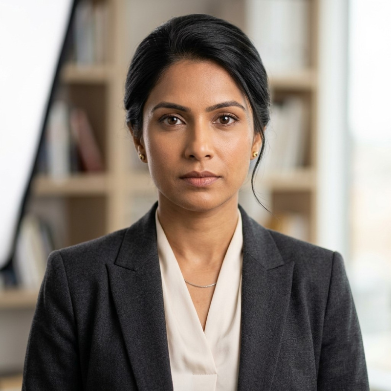 Professional woman in blazer, office background portrait