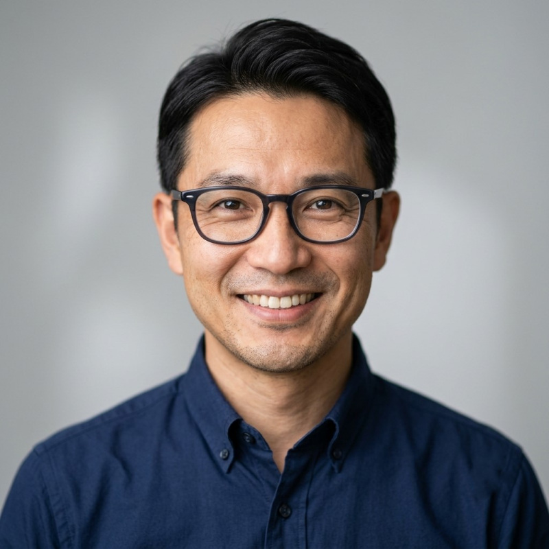 Smiling man wearing glasses and navy shirt