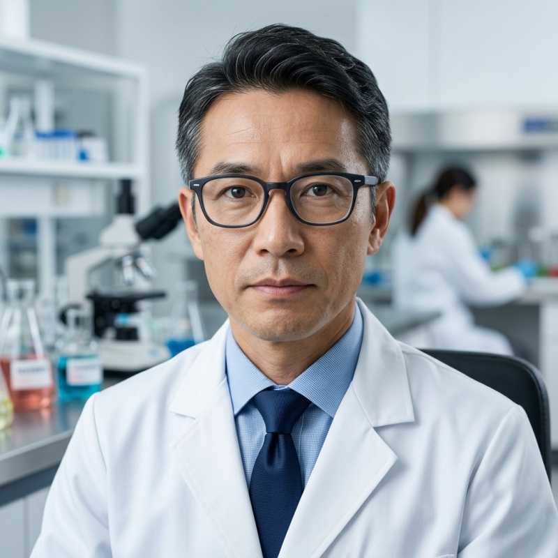 Scientist in lab coat in laboratory setting