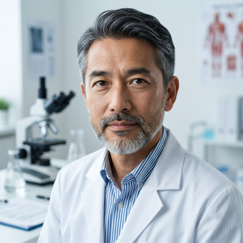 Male doctor in laboratory with microscope