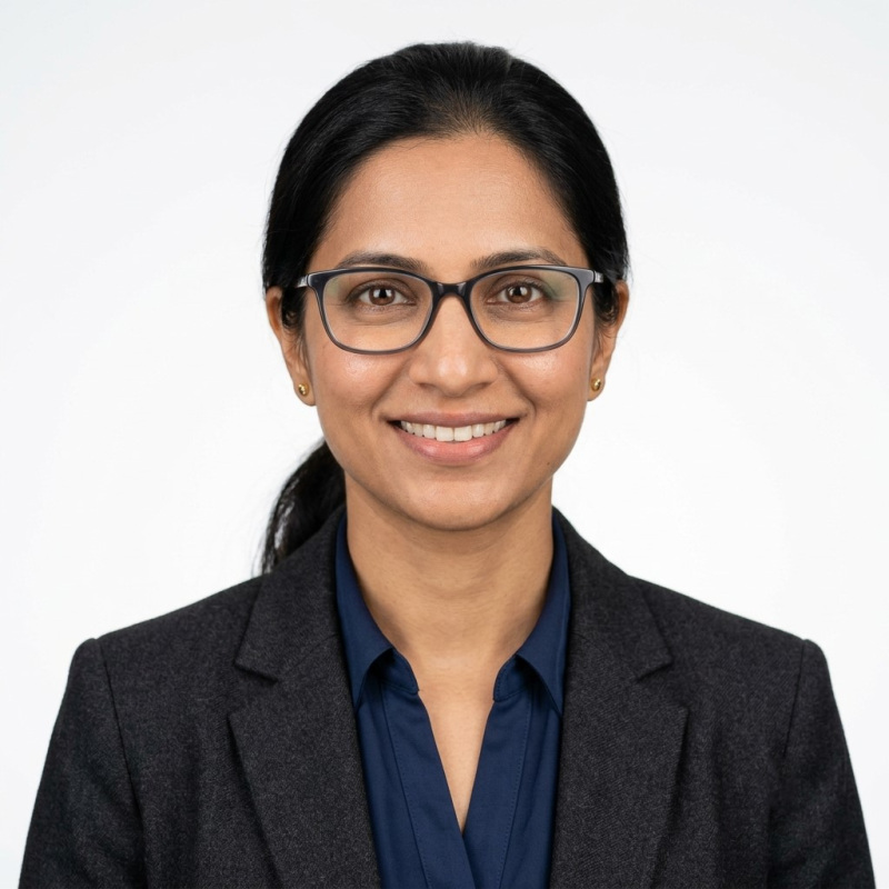 Professional woman wearing glasses smiling at camera