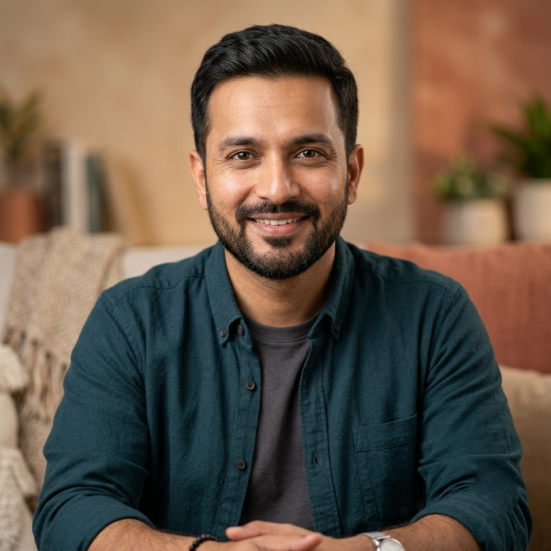 Smiling man sitting on couch indoors