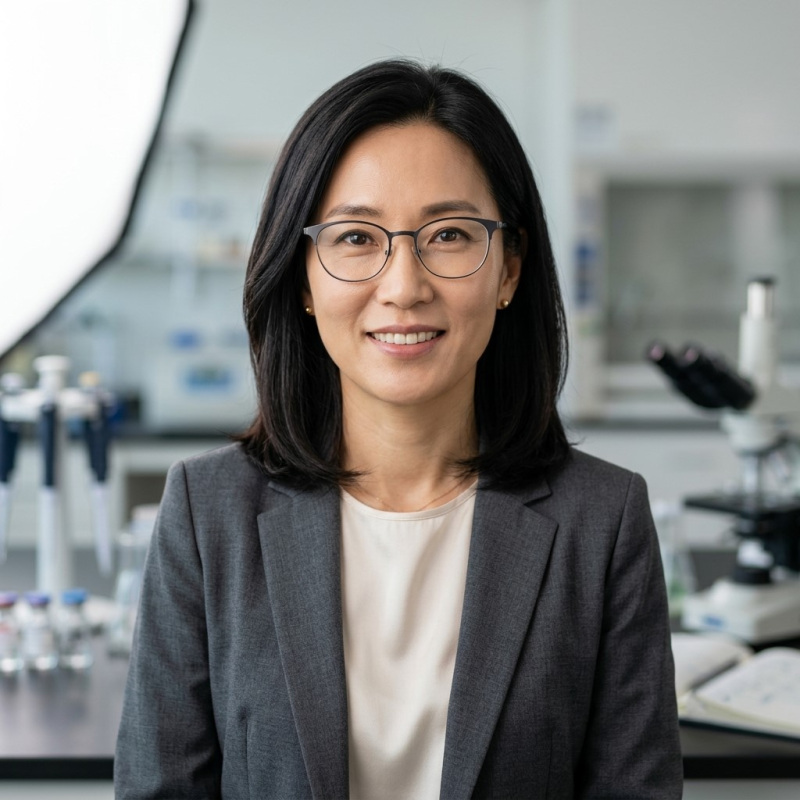 Professional woman in laboratory with microscope background